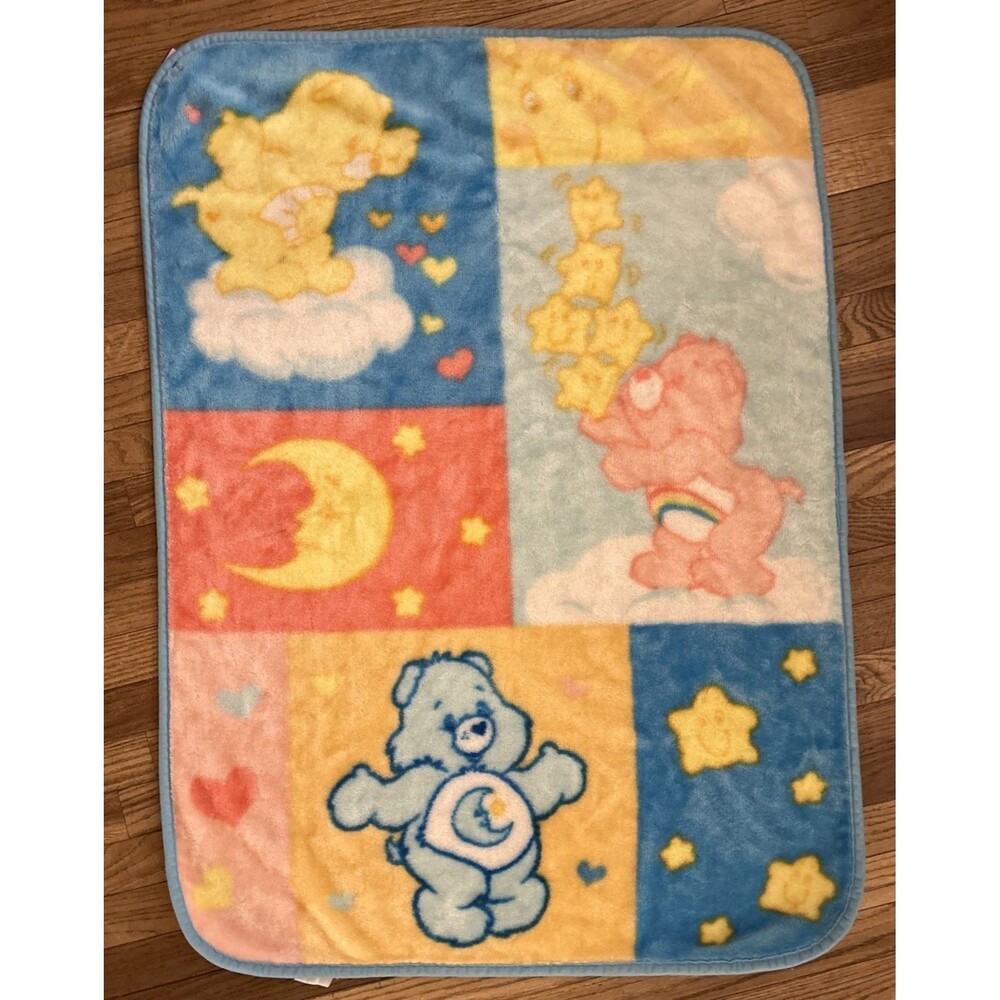 Vintage/Y2K Care Bears Bedtime, Cheer Blanket Baby Moon Stars Blue 31”X 42” EUC